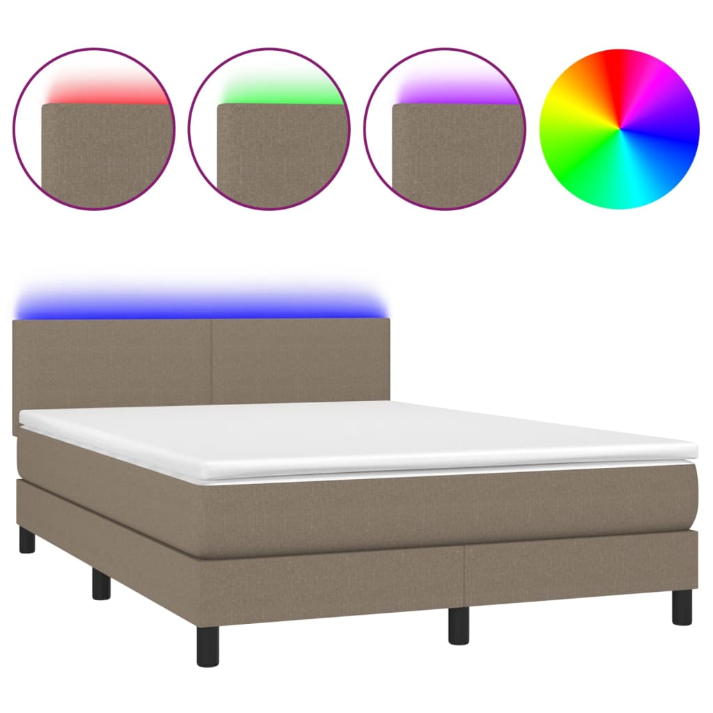Krevet box spring s madracem LED smeđesivi 140x190 cm tkanina
