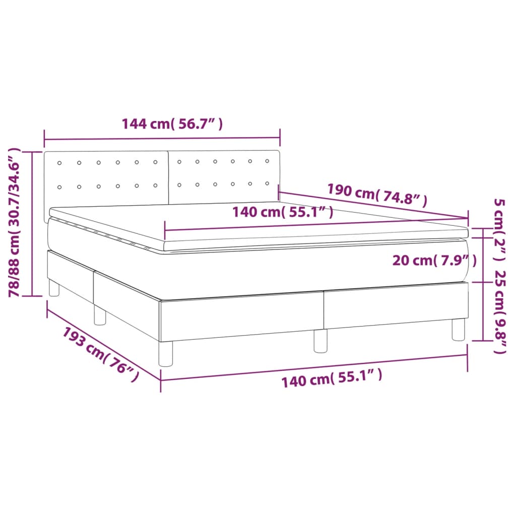 Krevet box spring s madracem LED smeđesivi 140x190 cm tkanina