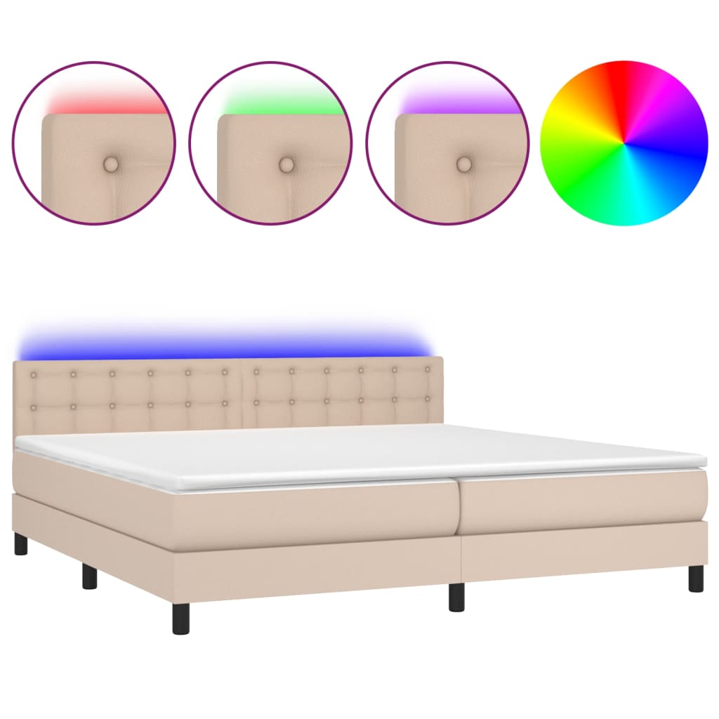 Krevet box spring madrac LED cappuccino 200x200cm umjetna koža