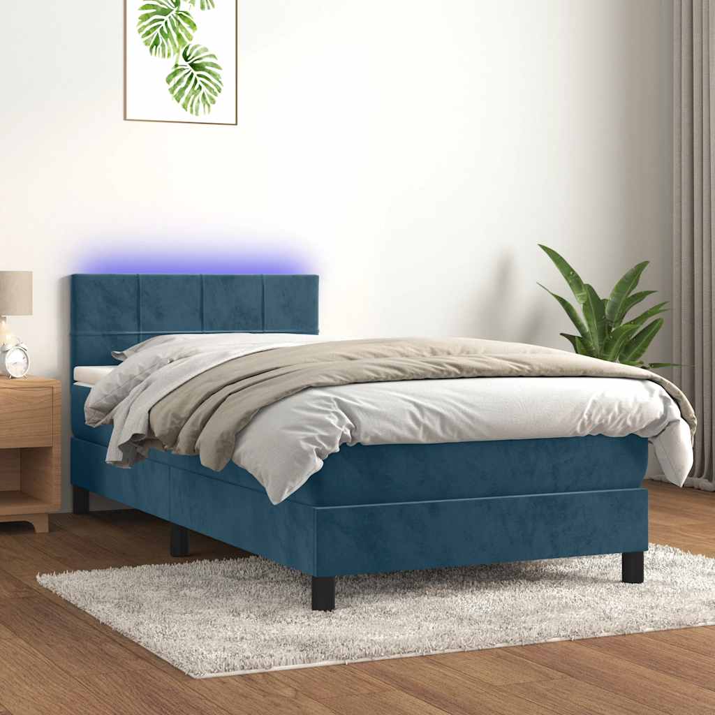 Krevet box spring s madracem LED tamnoplavi 80 x 200 cm baršun