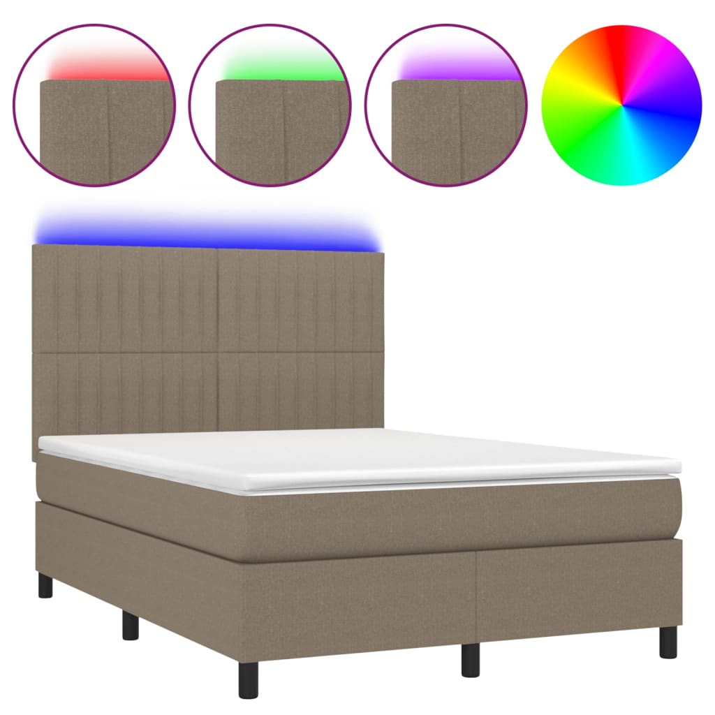 Krevet box spring s madracem LED smeđesivi 140x190 cm tkanina