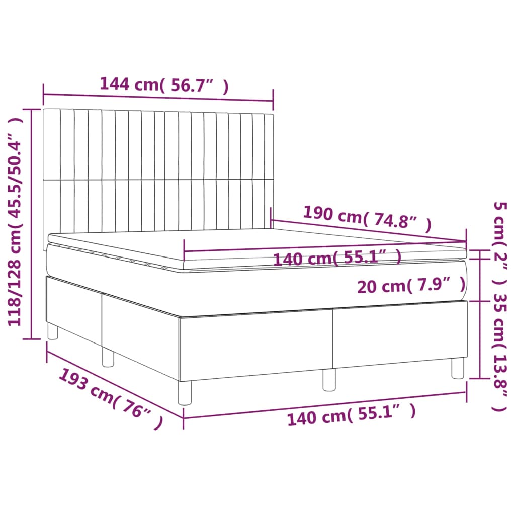 Krevet box spring s madracem LED smeđesivi 140x190 cm tkanina