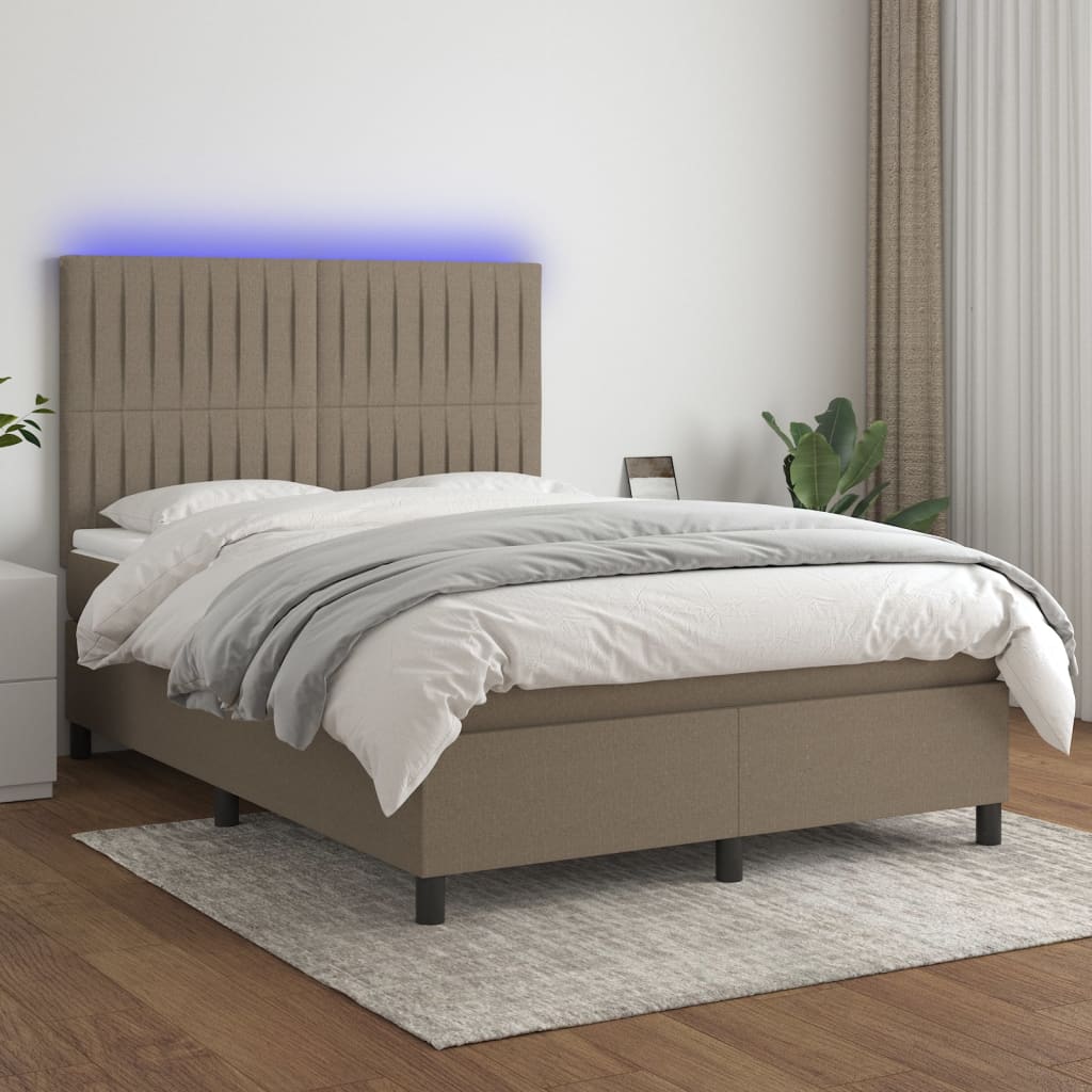 Krevet box spring s madracem LED smeđesivi 140x190 cm tkanina