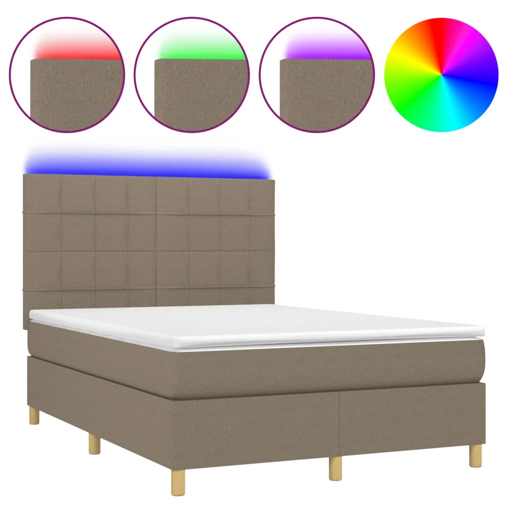 Krevet box spring s madracem LED smeđesivi 140x190 cm tkanina