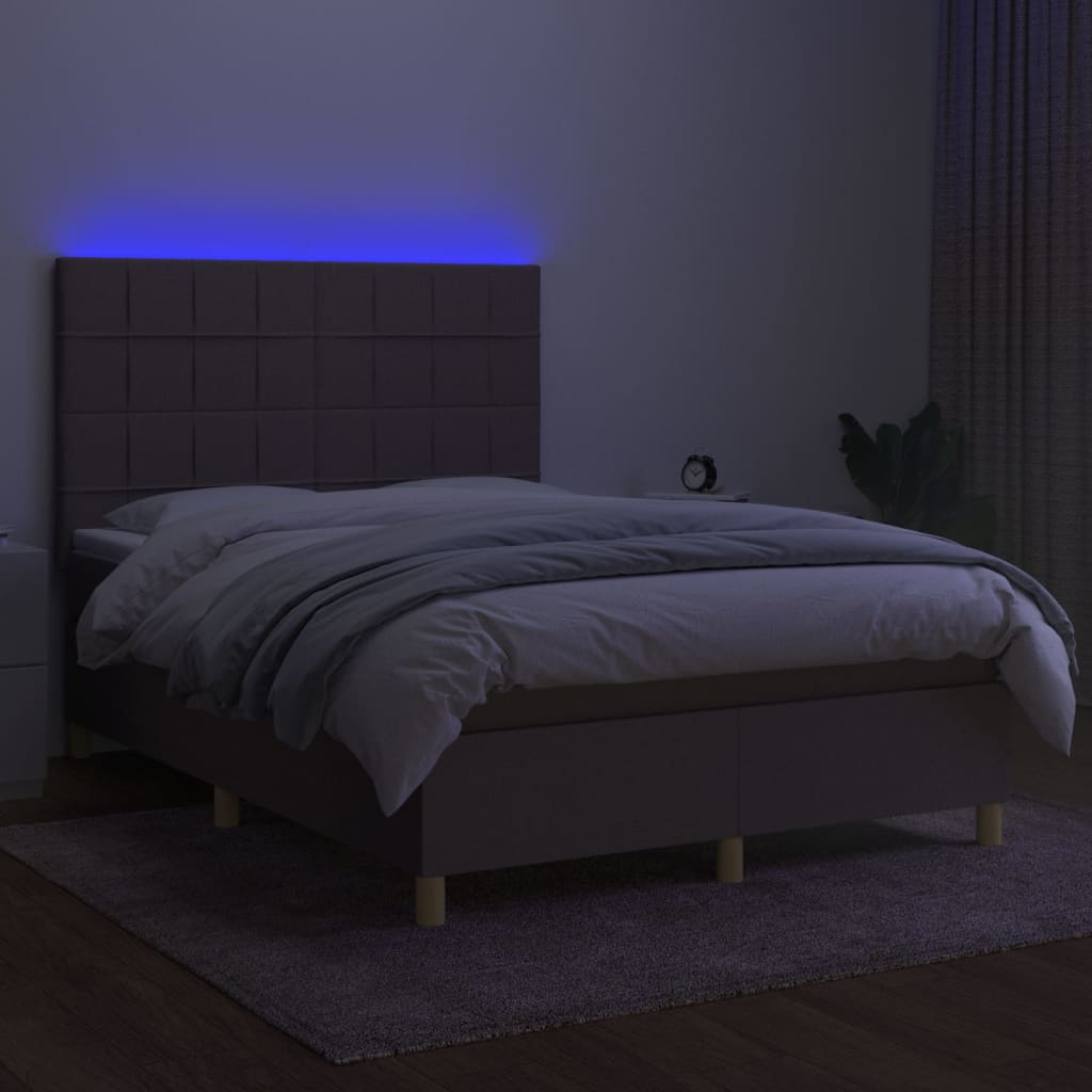 Krevet box spring s madracem LED smeđesivi 140x190 cm tkanina