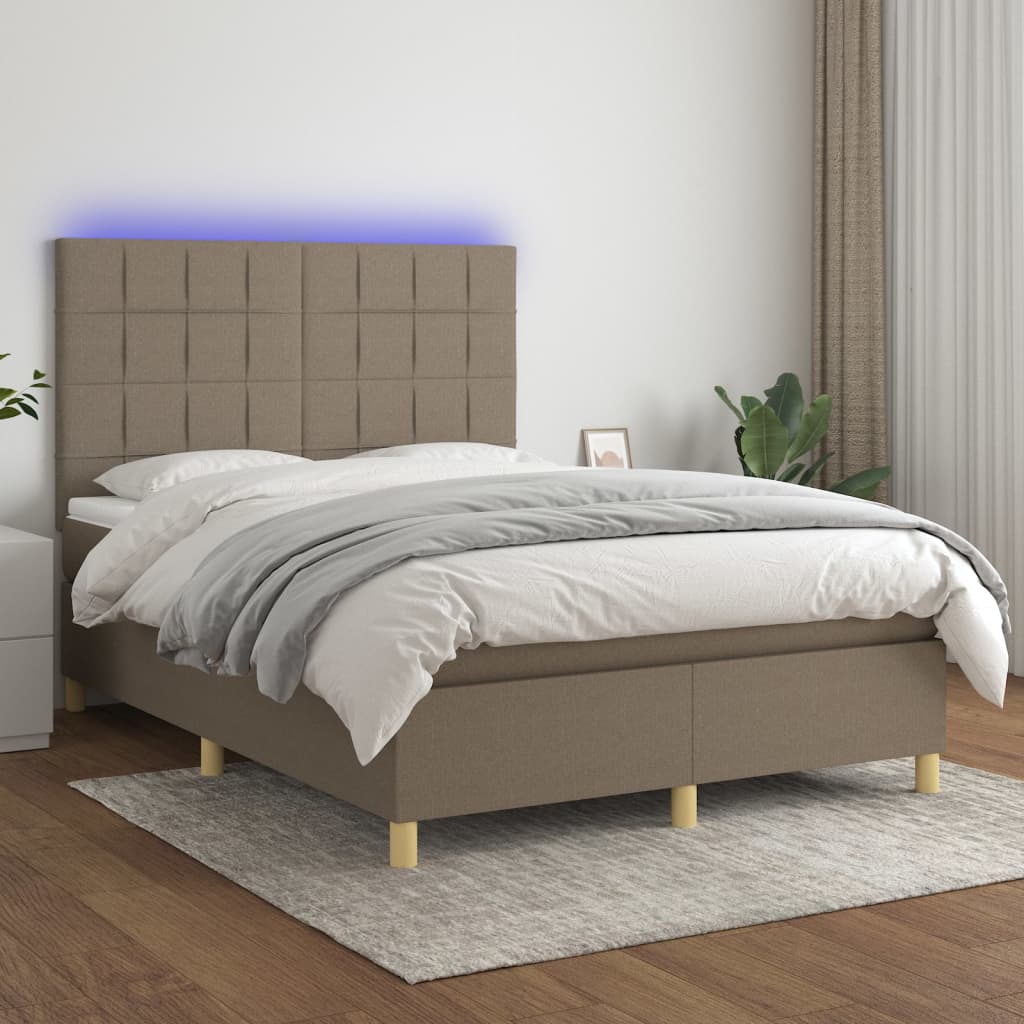 Krevet box spring s madracem LED smeđesivi 140x190 cm tkanina