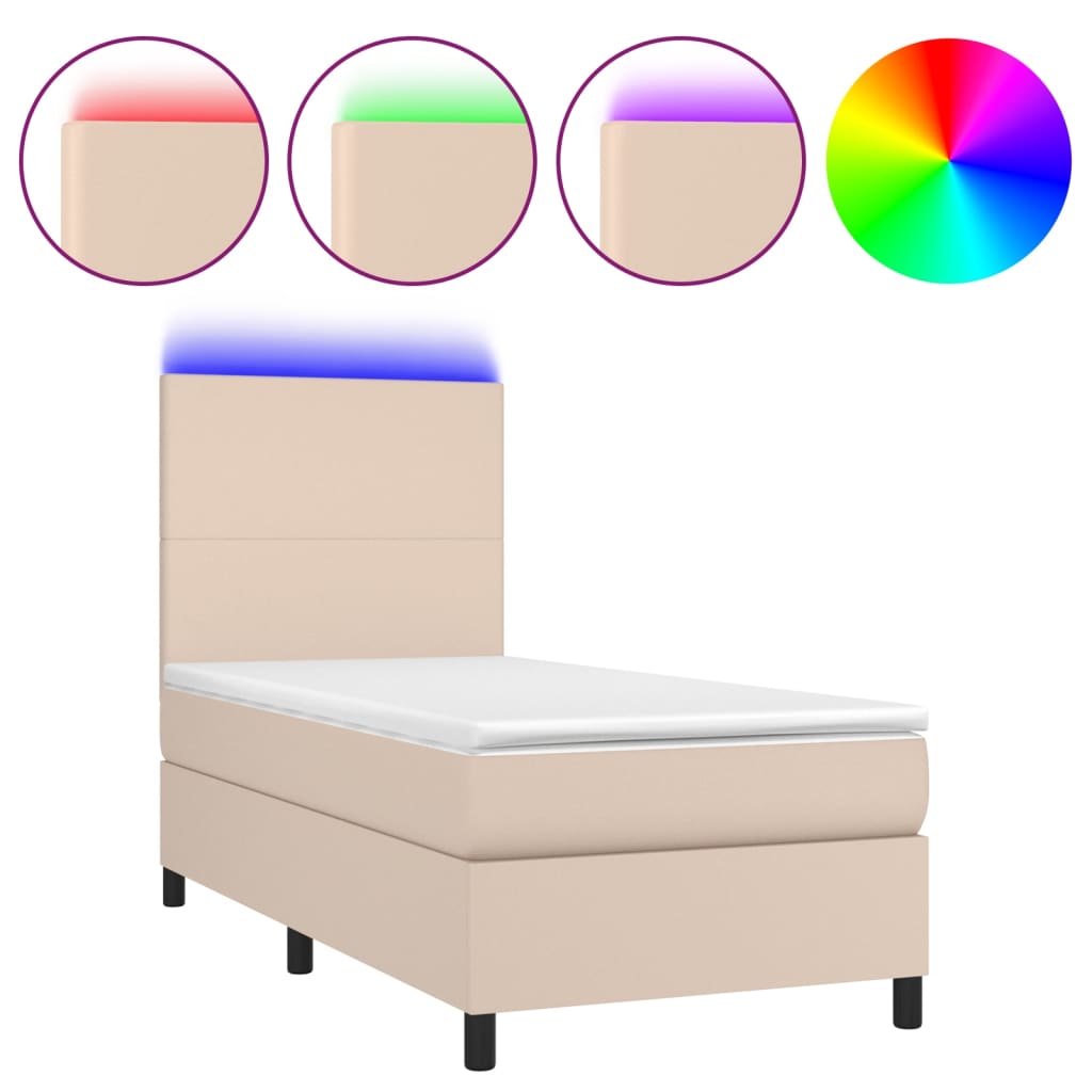 Krevet box spring madrac LED cappuccino 100x200cm umjetna koža