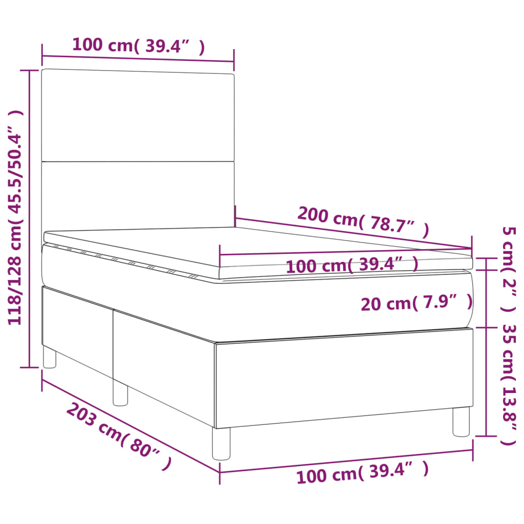 Krevet box spring madrac LED cappuccino 100x200cm umjetna koža