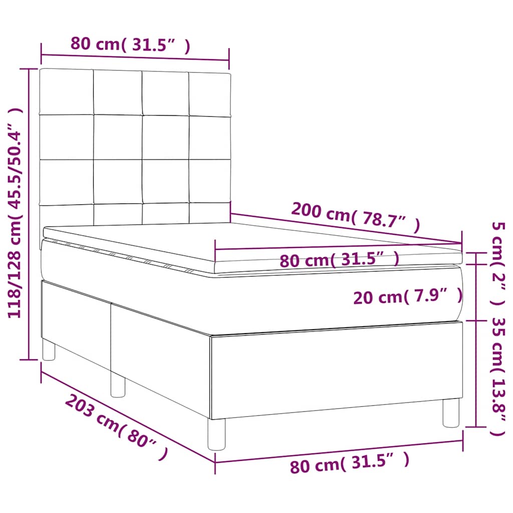 Krevet box spring s madracem LED tamnoplavi 80 x 200 cm baršun