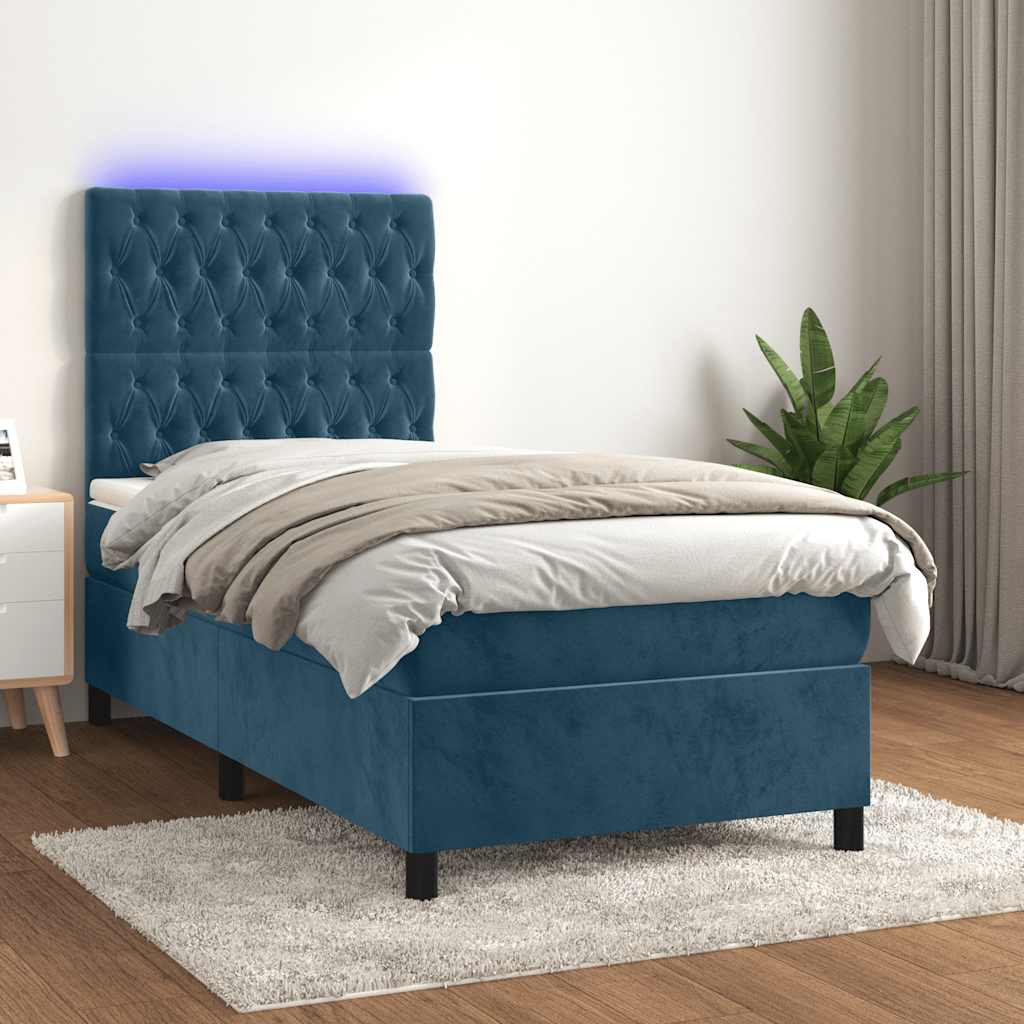 Krevet box spring s madracem LED tamnoplavi 80 x 200 cm baršun