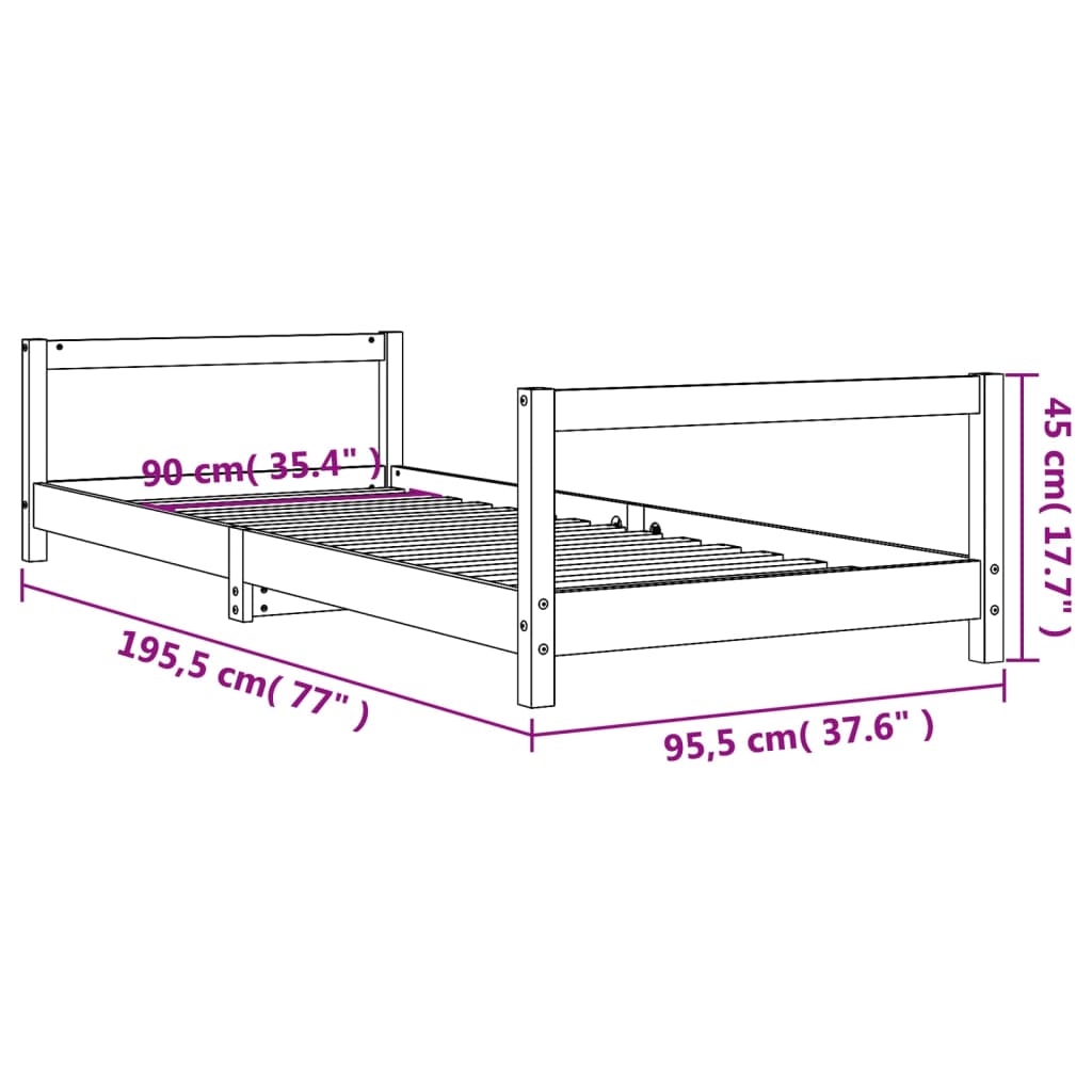 Okvir za dječji krevet crni 90 x 190 cm od masivne borovine