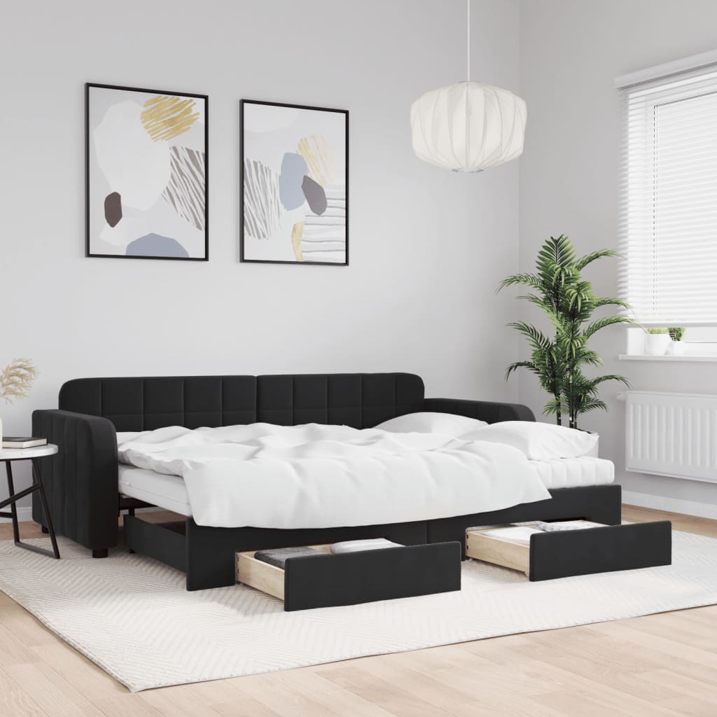 Dnevni krevet na razvlačenje s ladicama crni 80 x 200 cm baršun