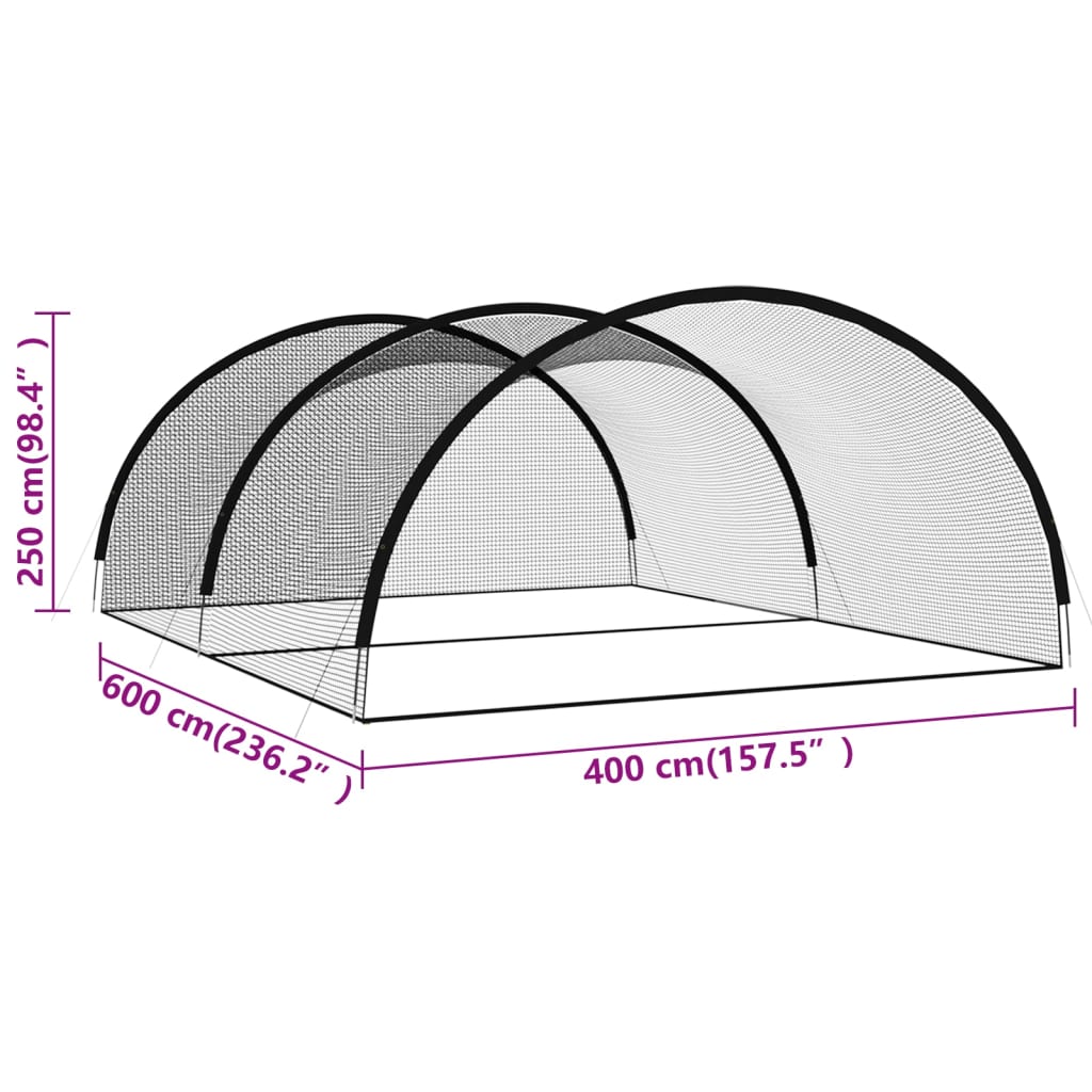 Mreža za kavez za bejzbol crna 600 x 400 x 250 cm od poliestera