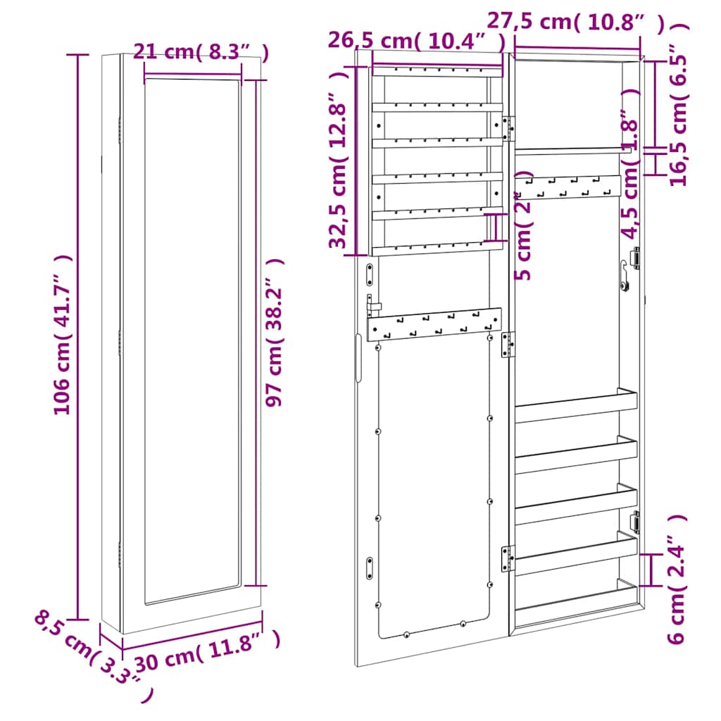 Zidni ormarić za nakit s ogledalom bijeli 30 x 8,5 x 106 cm