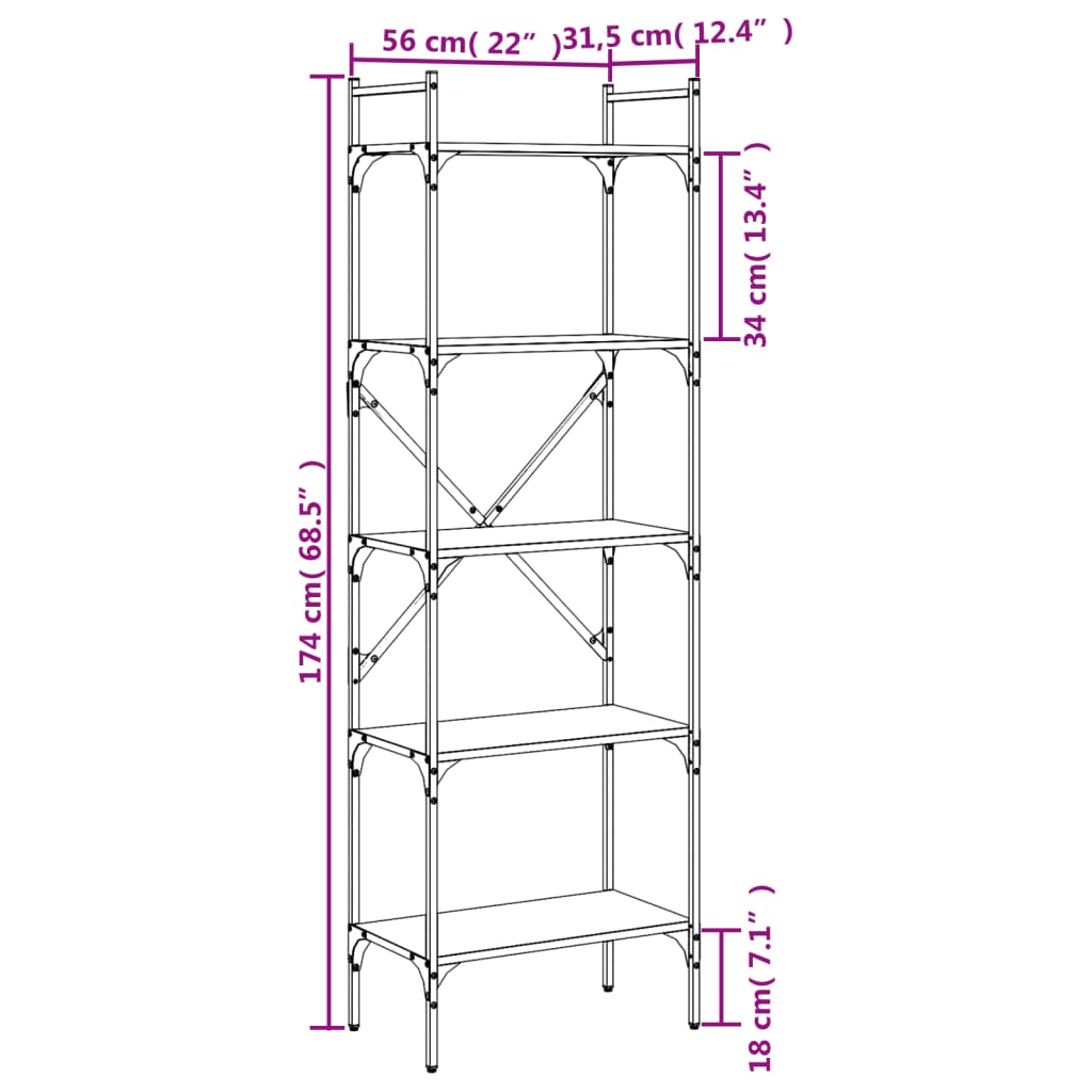 Regal za knjige 5 razina crni 56x31,5x174 cm konstruirano drvo
