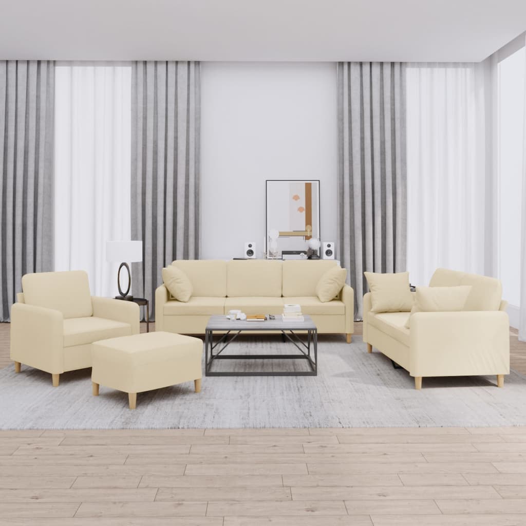 4-dijelni set sofa s jastucima krem od tkanine