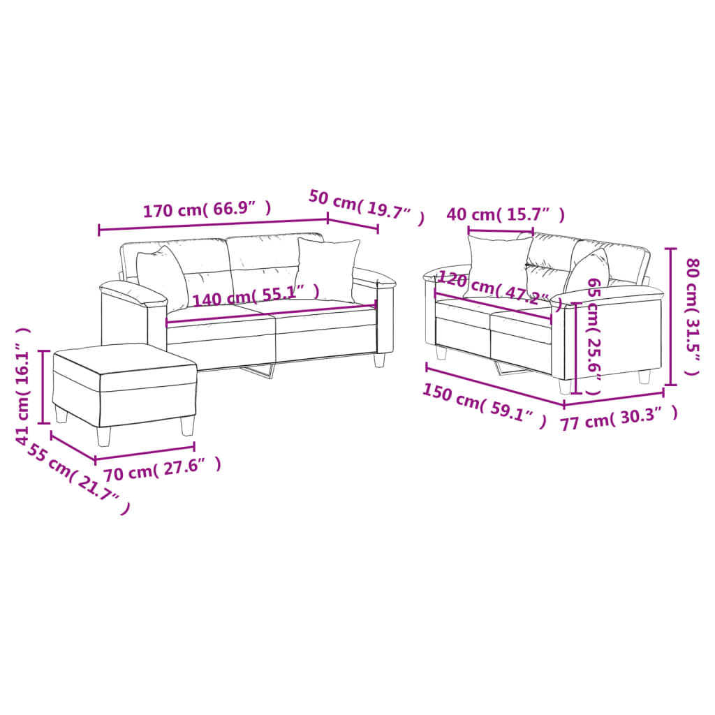 3-dijelni set sofa s jastucima bež od mikrovlakana