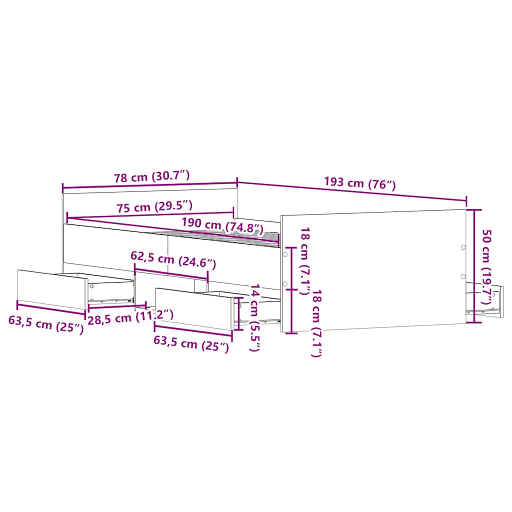 Okvir kreveta s uzglavljem i podnožjem boja hrasta 75 x 190 cm
