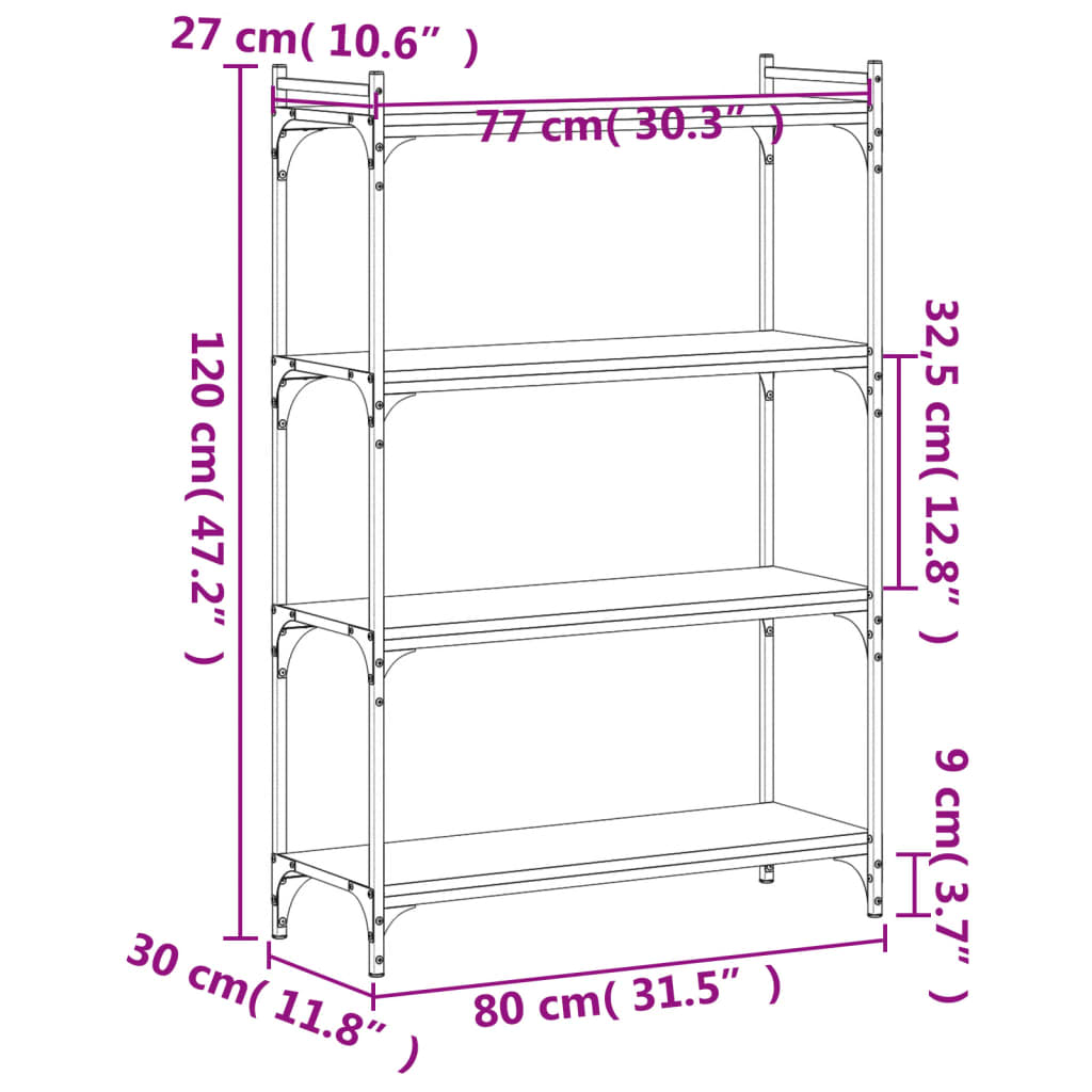 Regal za knjige s 4 razine crni 80x30x120 cm konstruirano drvo