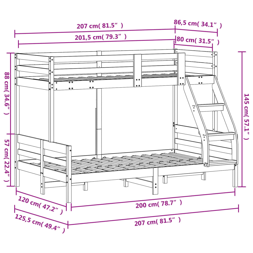 Krevet na kat 80x200/120x200 cm masivna borovina voštano smeđi