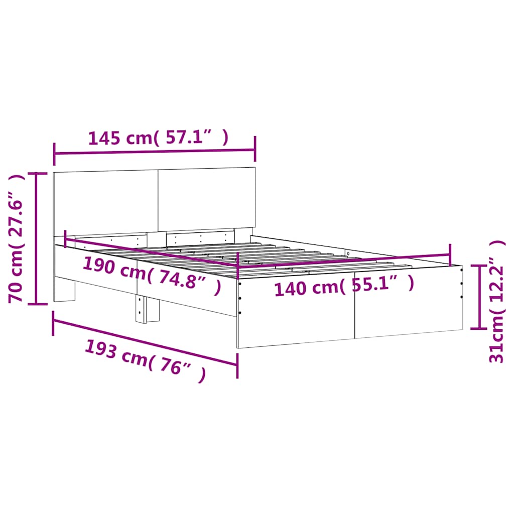 Okvir kreveta s uzglavljem i LED svjetlima bijeli 140 x 190 cm