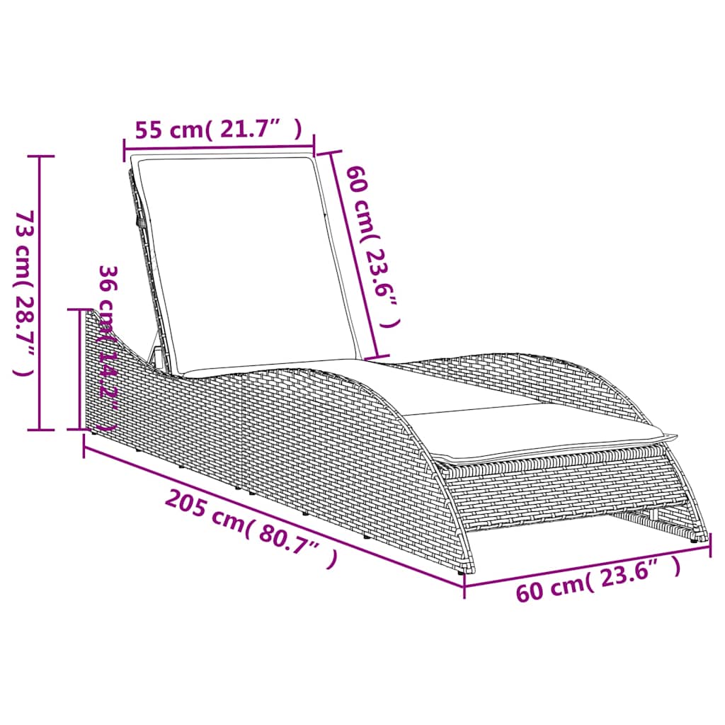 Ležaljka za sunčanje s jastukom crna 60x205x73 cm poli ratan