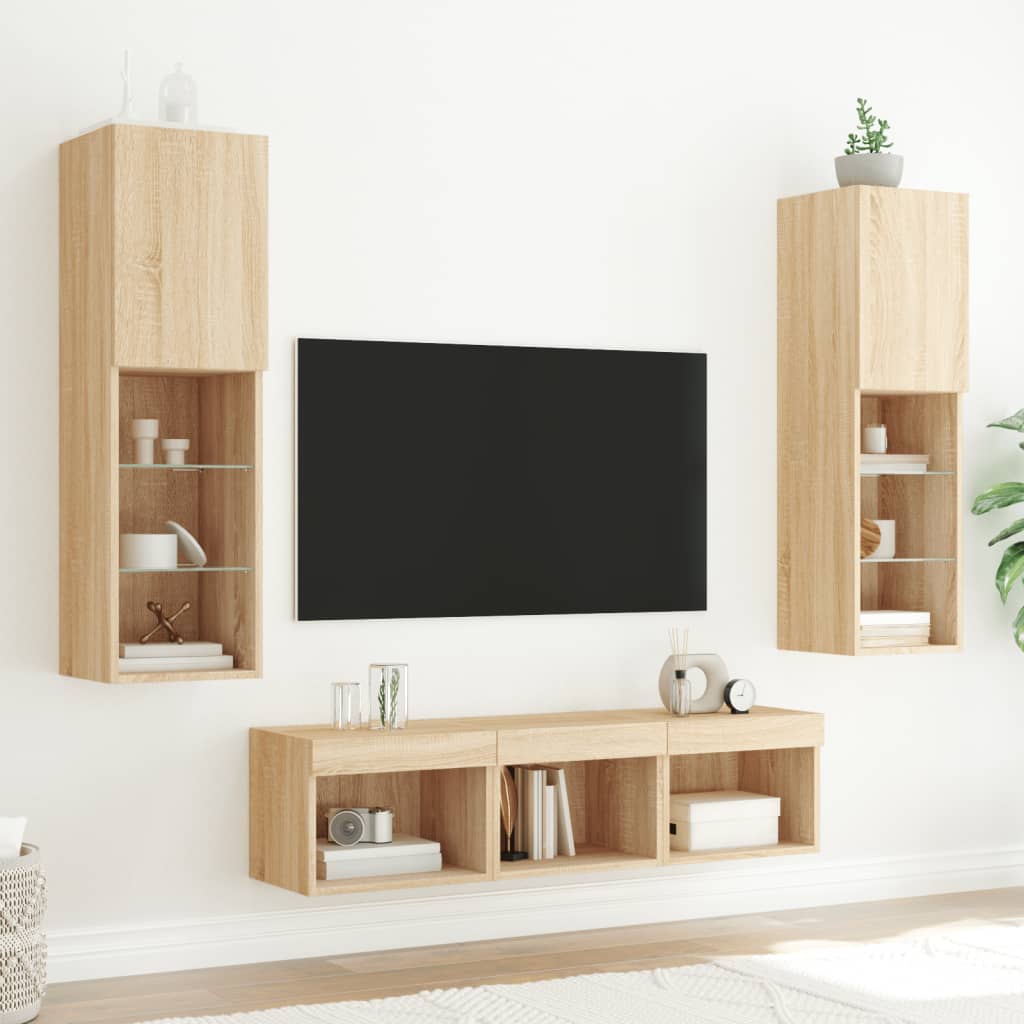 5-dijelni zidni TV elementi s LED svjetlima boja hrasta drveni