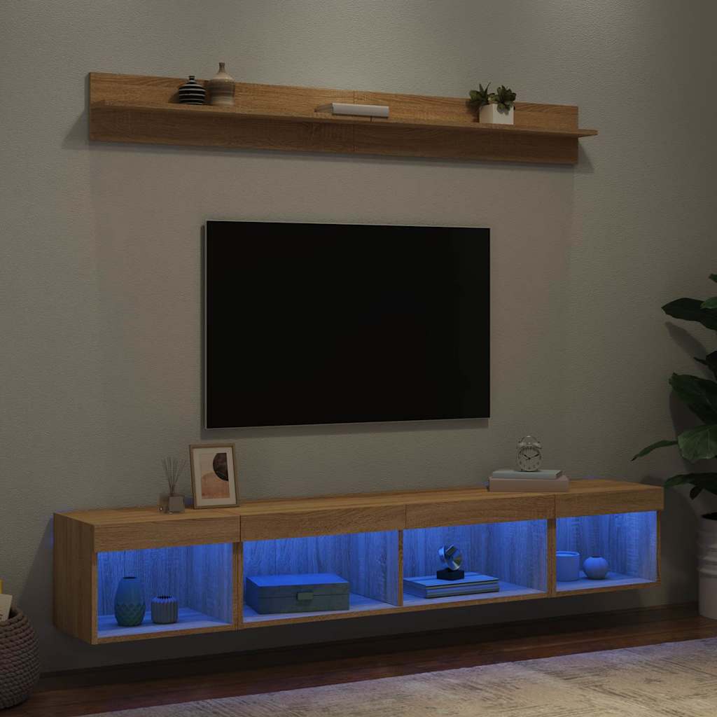 5-dijelni zidni TV elementi s LED svjetlima boja hrasta drveni