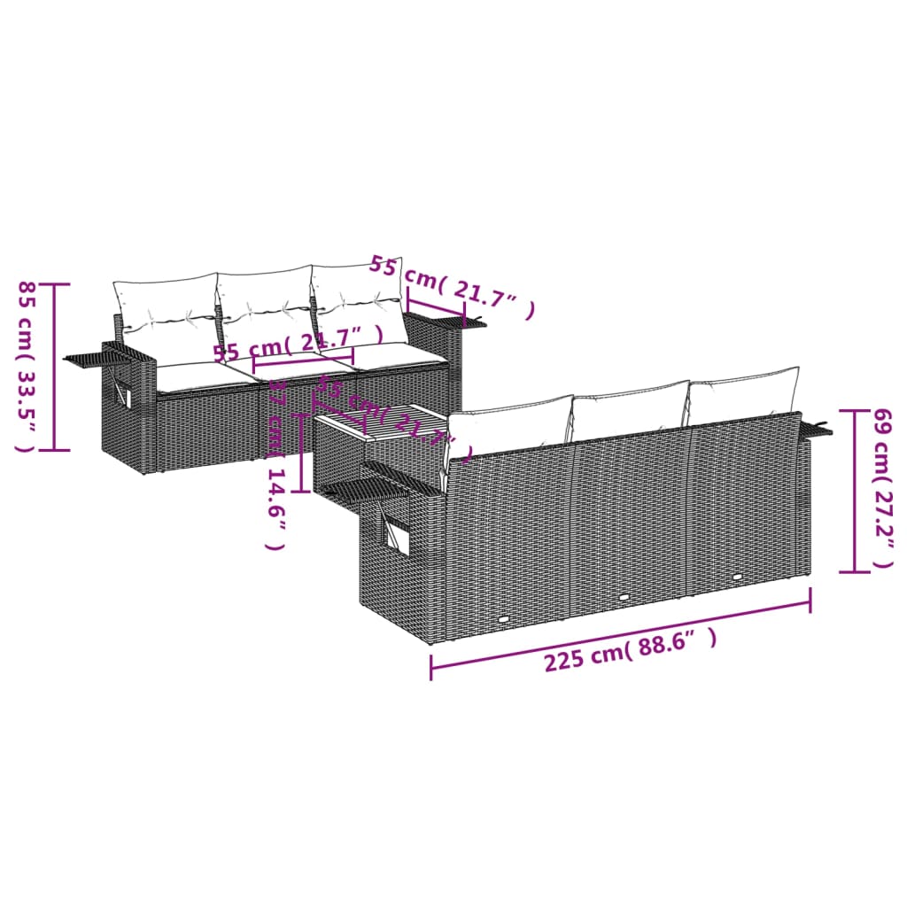 7-dijelni set vrtnih sofa od poliratana s jastucima bež 62 x 62 x 69 cm