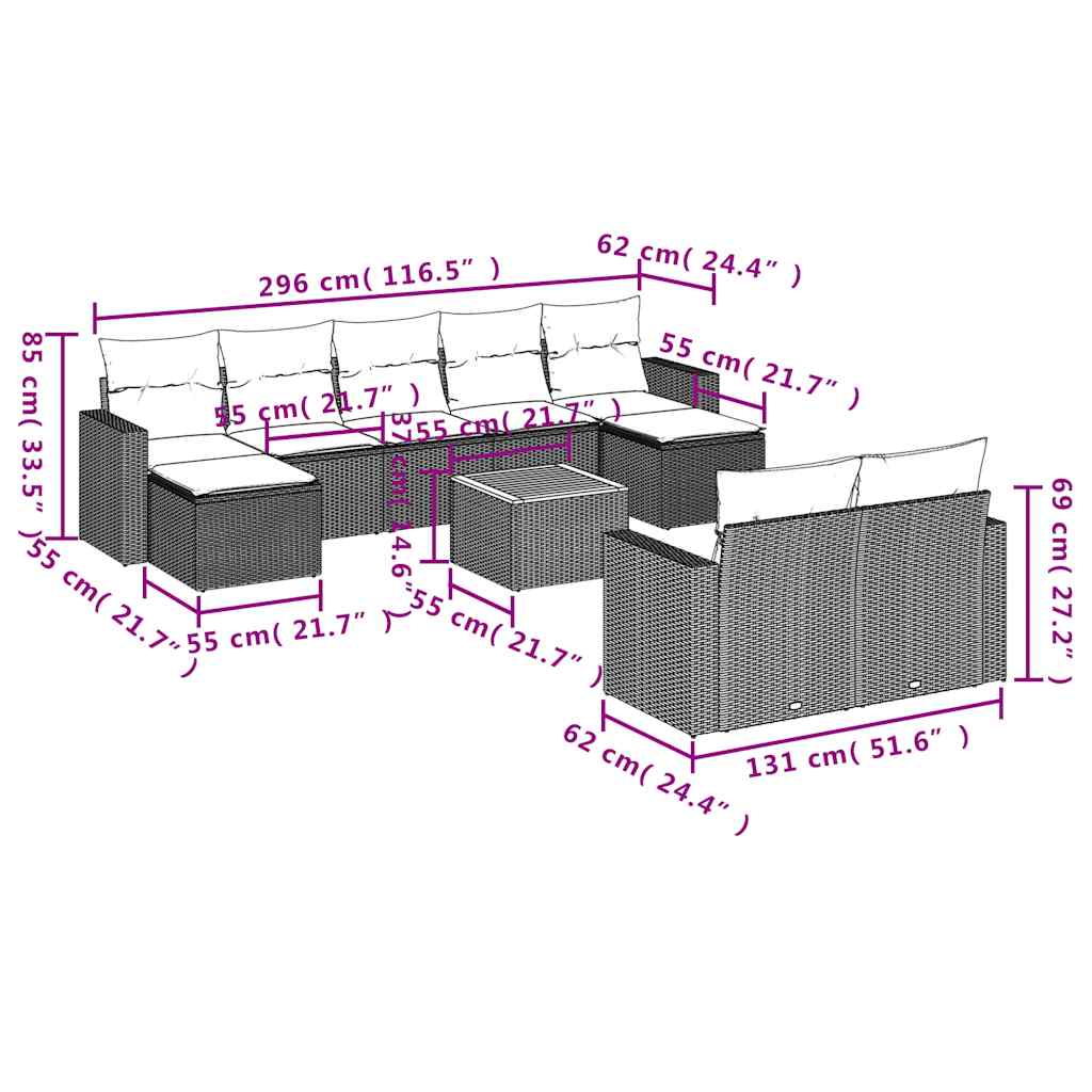 Vrtni set od 10 dijelova s jastucima, sivi poliratan