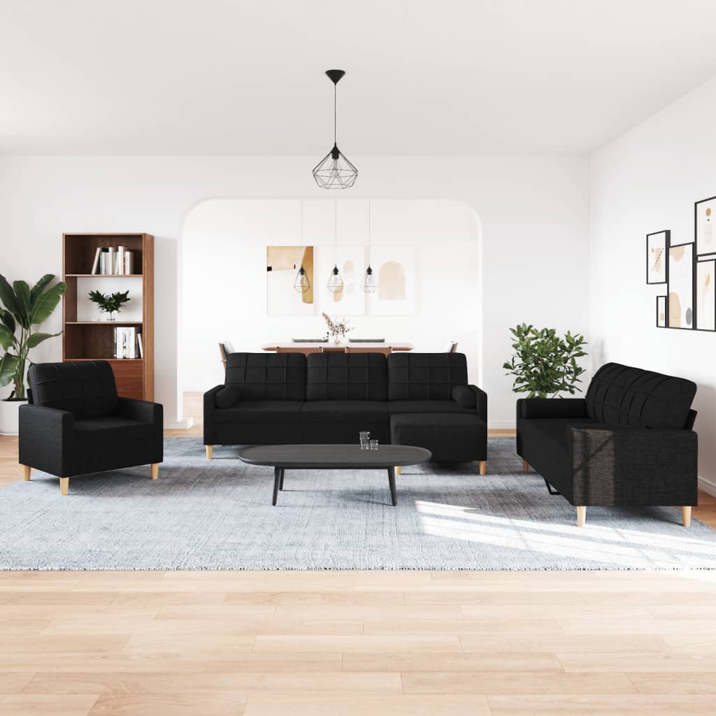 4-dijelni set sofa s tabureom i jastucima crni tkanina