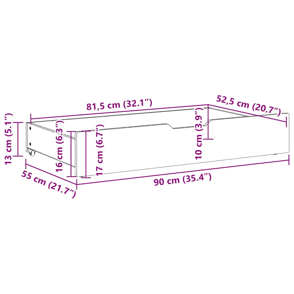 Ladice ispod kreveta 2 kom voštano smeđe 95x55x17cm od borovine