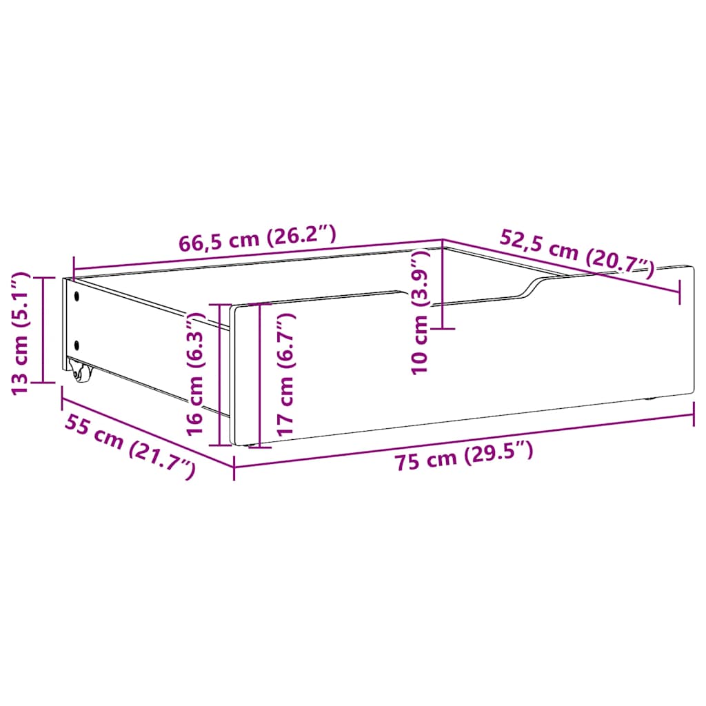 Ladice ispod kreveta s kotačima 2 kom 75x55x17 cm od borovine