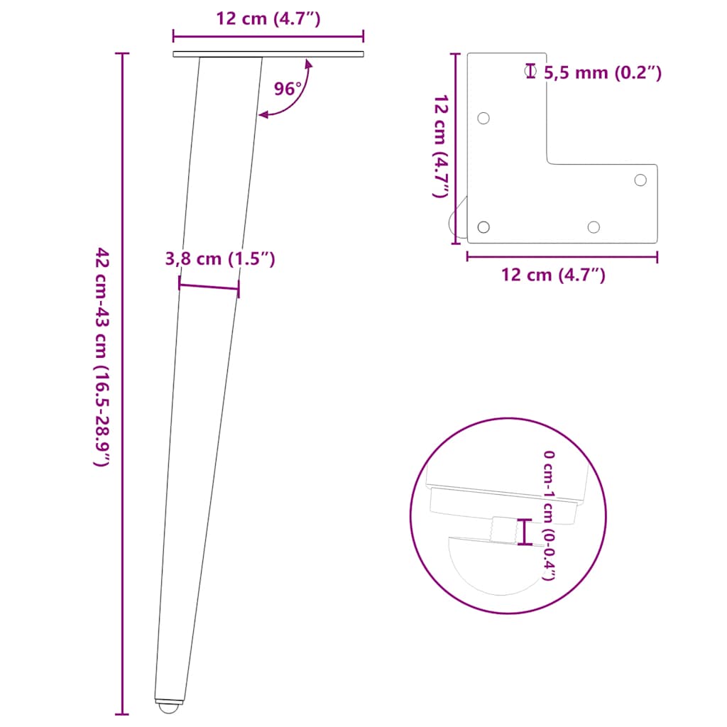 Noge za klub stolić konusnog oblika 4 kom crne 42-43 cm čelik