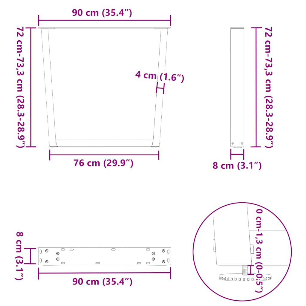 Noge za blagovaonski stol V-oblik 3 kom Crne 90 x (72-73,3) cm Čelik