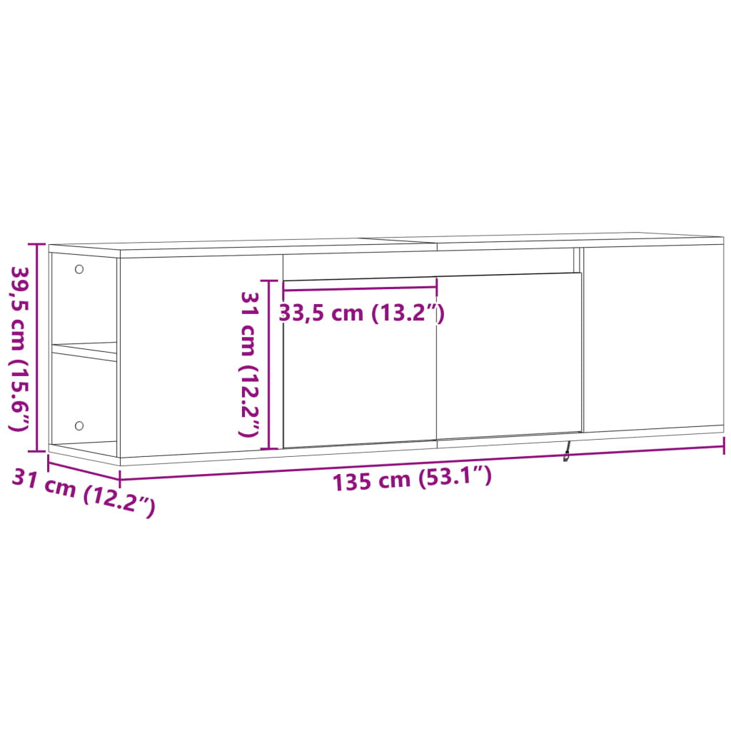 Zidni TV ormarić s LED svjetlima boja betona 135x31x39,5 cm