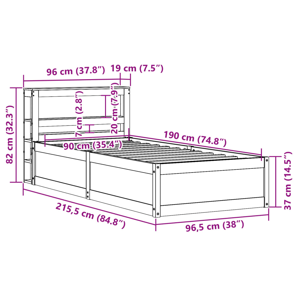 Okvir kreveta s uzglavljem bijeli 90 x 190 cm od borovine