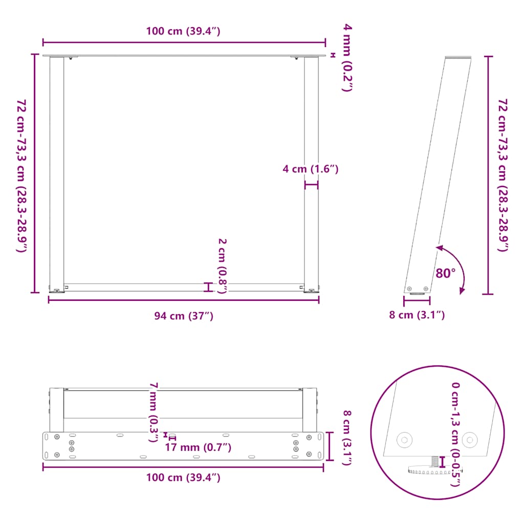 Noge za blagovaonski stol U-oblik 2 kom Prirodni čelik 100 x (72-73) cm Čelik