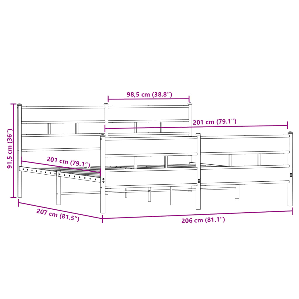 Metalni okvir kreveta bez madraca boja hrasta 200x200 cm