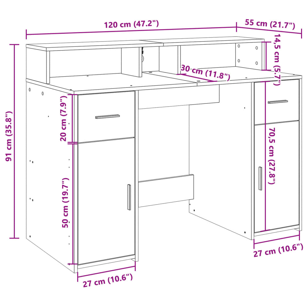 Radni stol s LED svjetlima sivi 120x55x91 cm konstruirano drvo