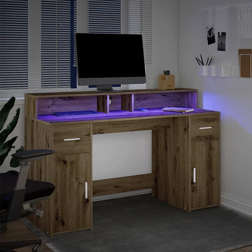 Radni stol s LED svjetlima boja hrasta 140x55x91 cm drveni