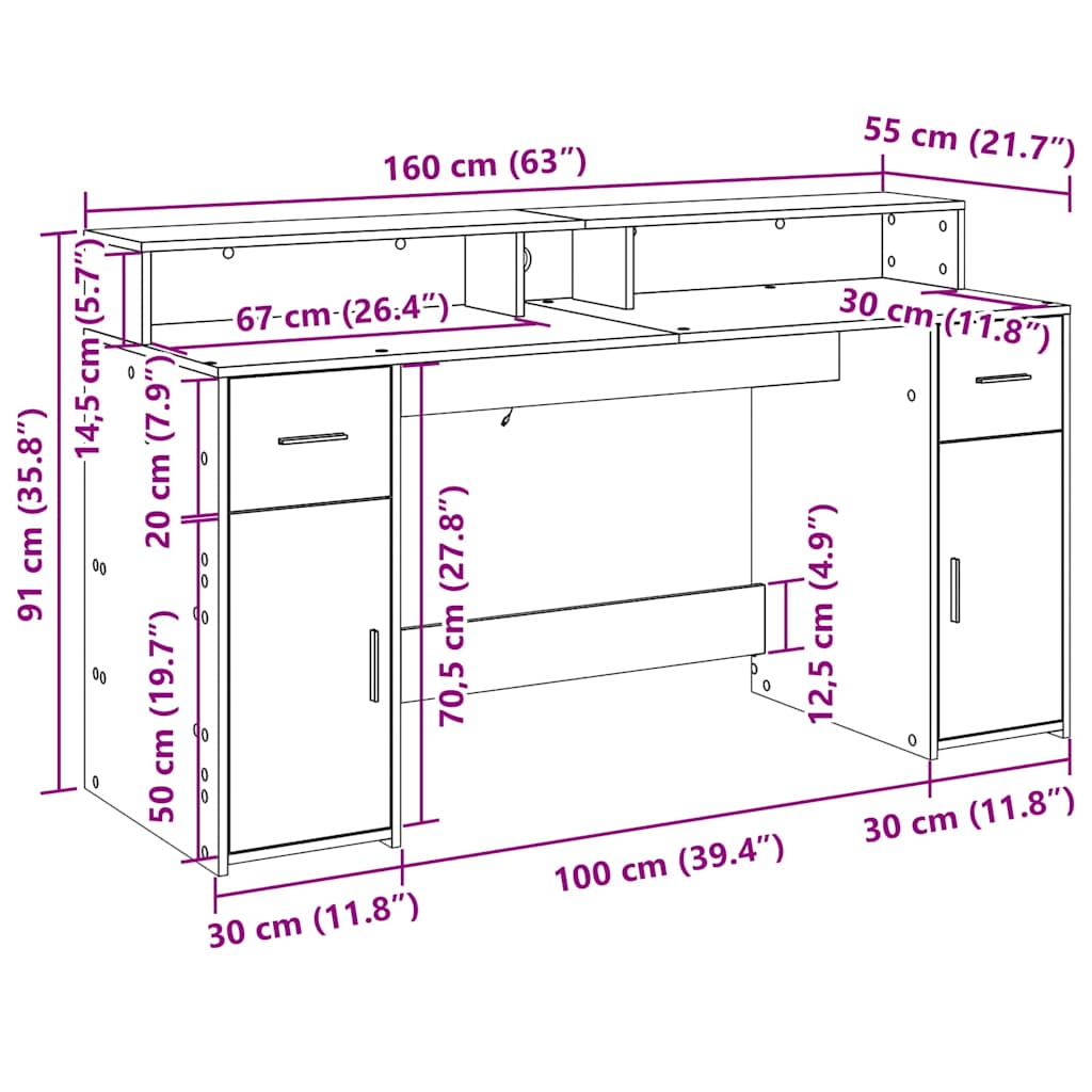 Radni stol s LED svjetlima 160x55x91 cm konstruirano drvo