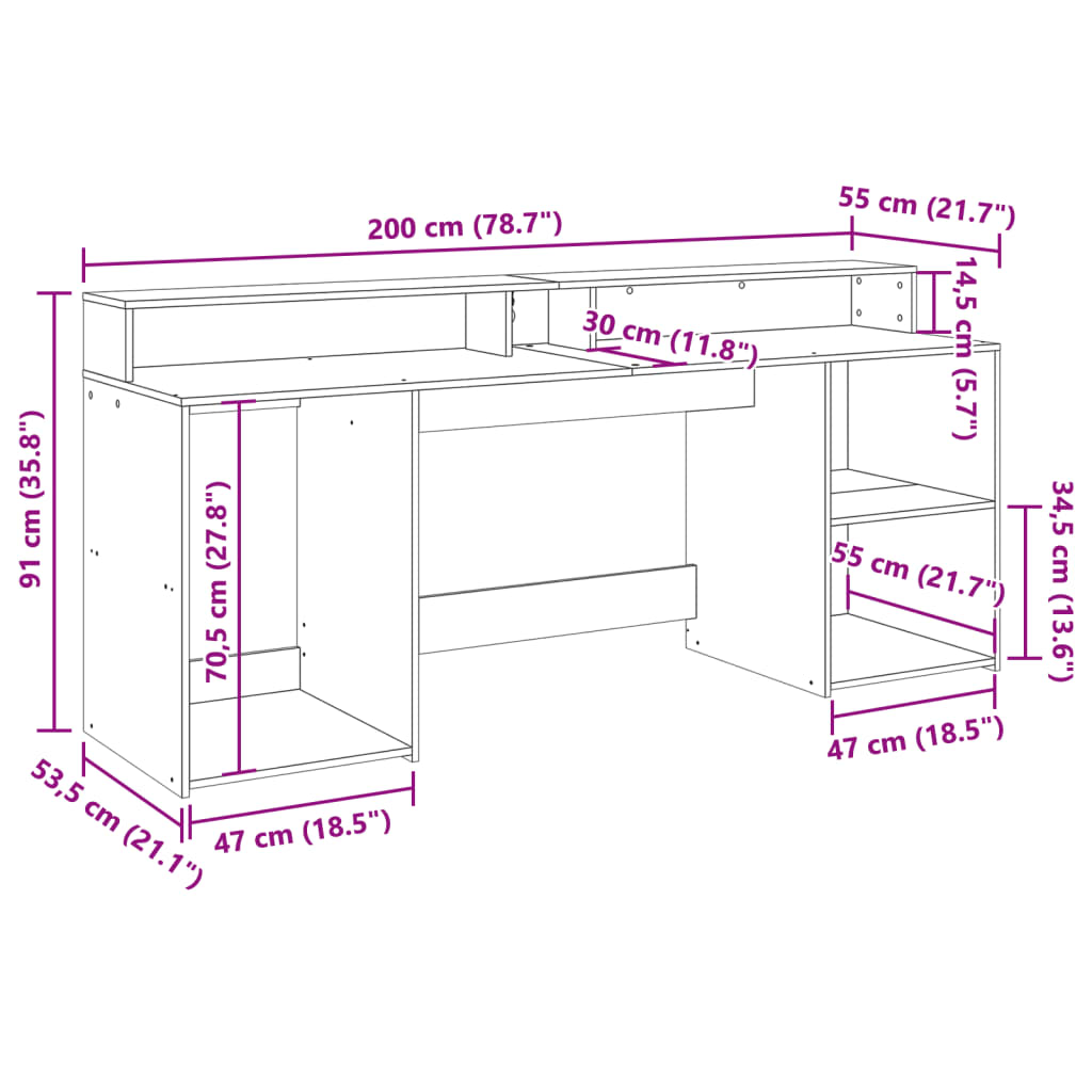 Radni stol s LED svjetlima boja hrasta 200x55x91 cm drveni