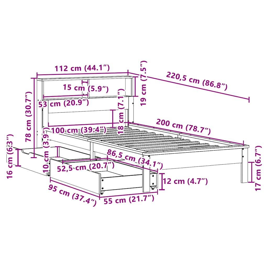 Krevet s regalom z knjige bez madraca bijeli 100x200cm borovina