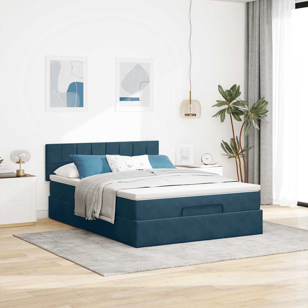 Ottoman krevet s madracem i LED diodama tamnoplavi 140x200 cm baršun