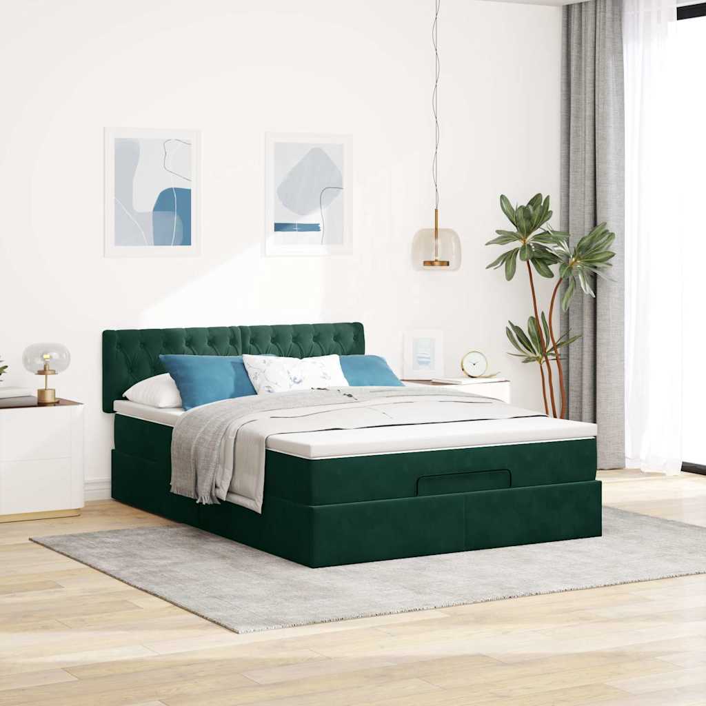 Ottoman krevet s madracem i LED diodama tamnozeleni 140x190 cm baršun