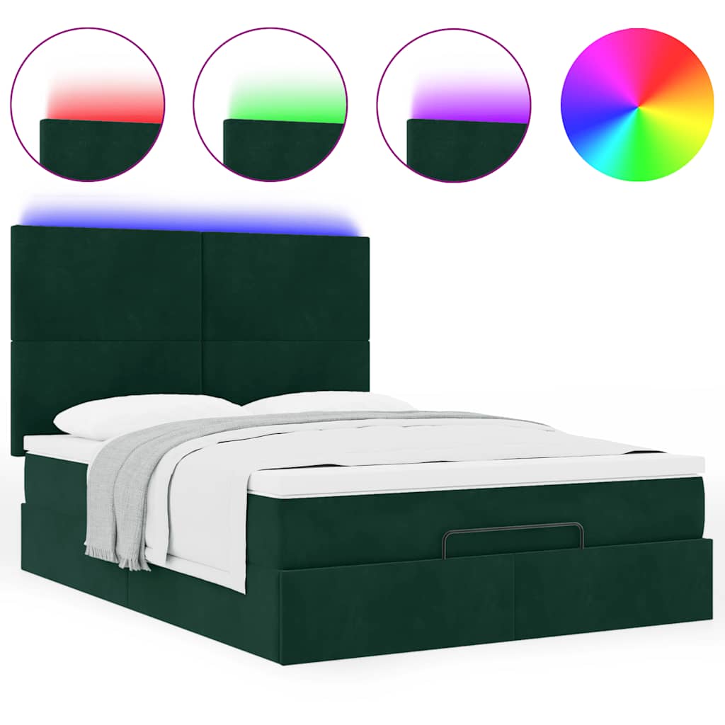 Ottoman krevet s madracima i LED diodama tamnozeleni 140x190 cm baršun