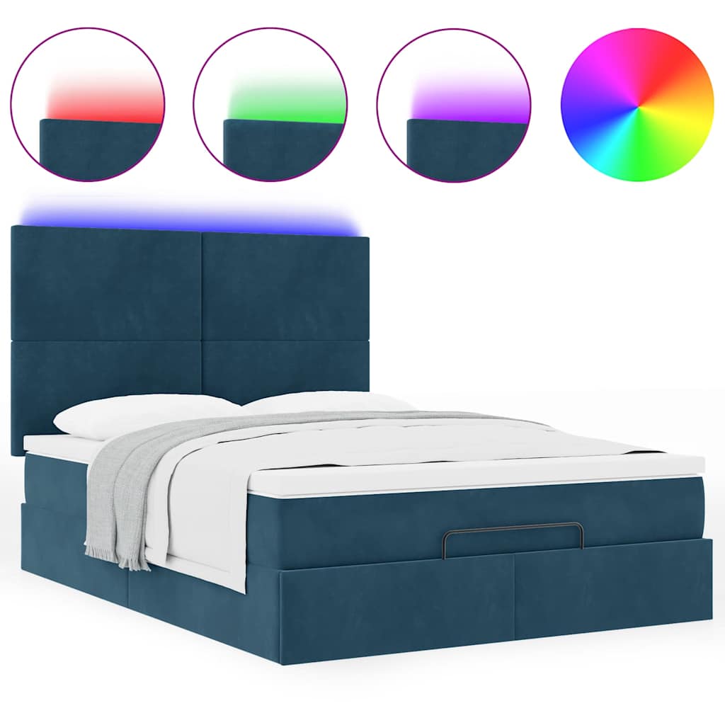 Ottoman krevet s madracima i LED diodama tamnoplavi 140x200 cm baršun