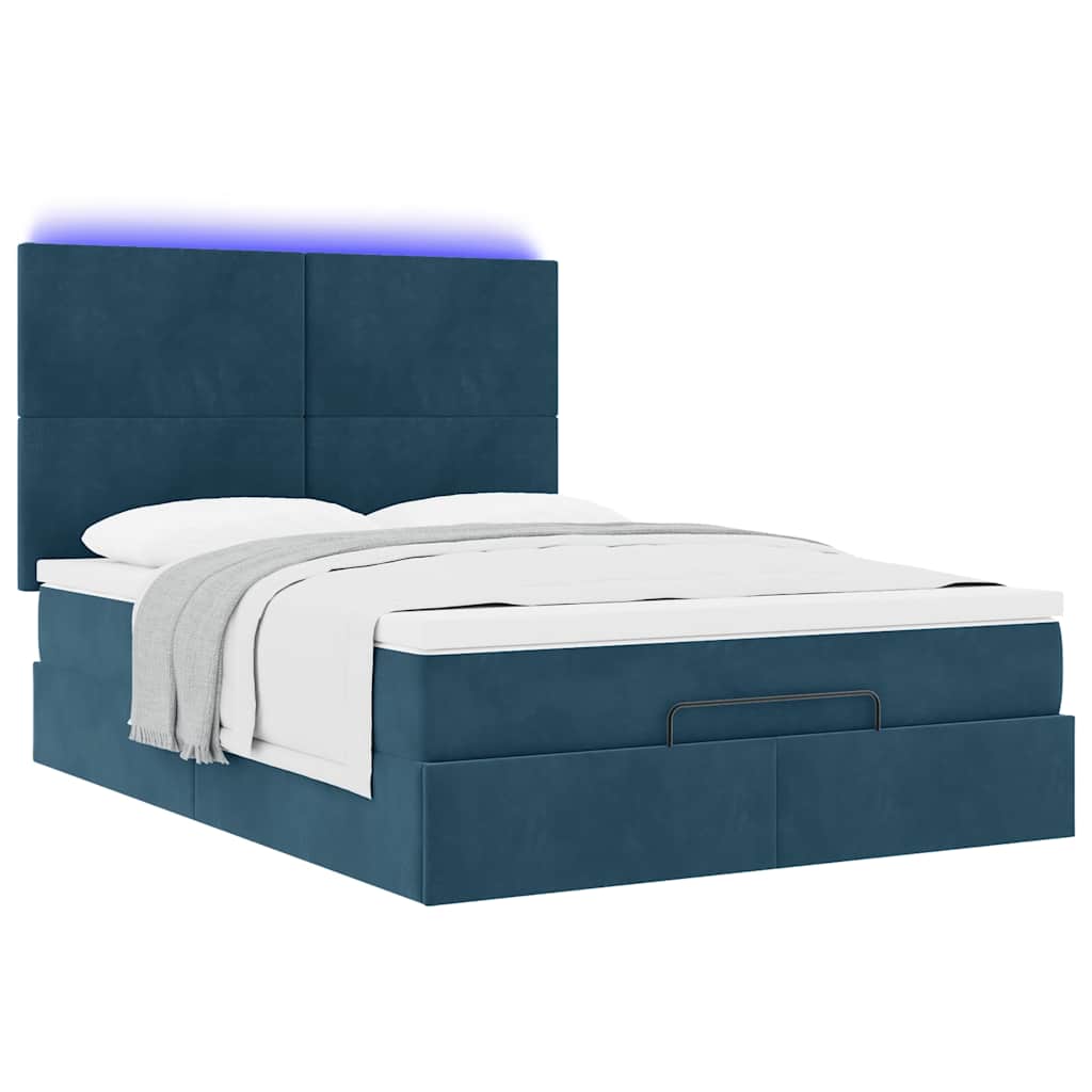 Ottoman krevet s madracima i LED diodama tamnoplavi 140x200 cm baršun