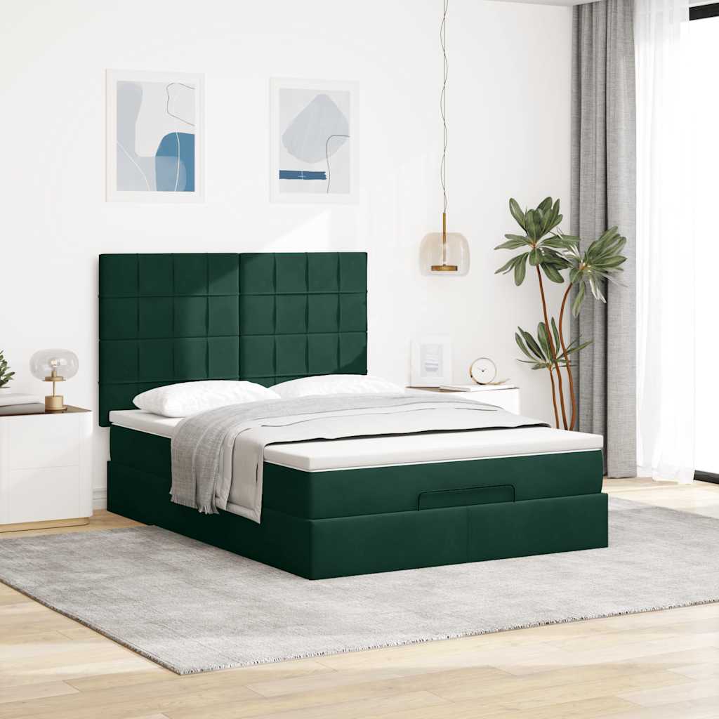 Ottoman krevet s madracima i LED diodama tamnozeleni 140x190 cm baršun